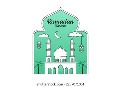 Ramadan kareem vector design illustration monoline or line art style, mosque, lantern, moon, cloud