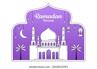Ramadan kareem vector design illustration monoline or line art style, mosque, lantern, moon