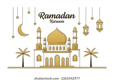Ramadan kareem vector design illustration monoline or line art style, mosque, lantern, moon