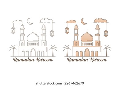 Ramadan kareem vector design illustration monoline or line art style, mosque, lantern, moon