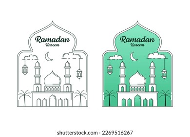 Ramadan kareem vector design illustration monoline or line art style, mosque, lantern, moon, cloud