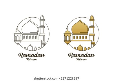 Ramadan kareem vector design illustration monoline or line art style, mosque, lantern