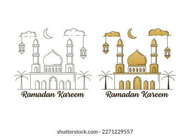 Ramadan kareem vector design illustration monoline or line art style, mosque, lantern, moon, cloud
