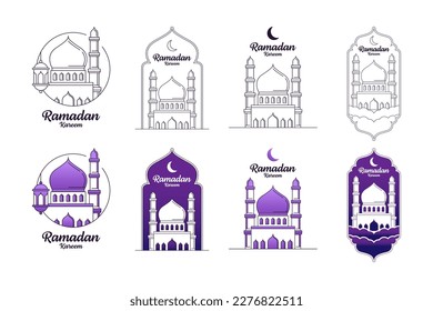 Ramadan kareem vector design illustration monoline or line art style, mosque, lantern, moon