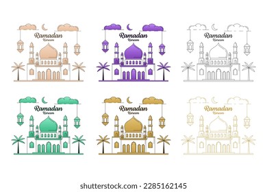 Ramadan kareem vector design illustration monoline or line art style, mosque, lantern, moon, cloud