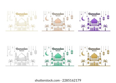 Ramadan kareem vector design illustration monoline or line art style, mosque, lantern, moon