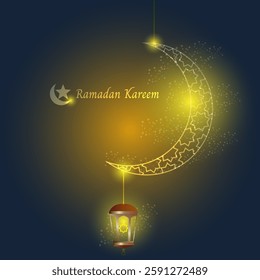 Ramadan kareem vector design lantern hang on crescent moon.