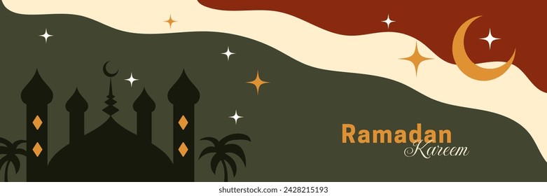 Ramadan Kareem Vektor-Design im modernen Stil. Abstrakter islamischer Minimalhintergrund mit Mond, Moschee Kuppel, Palmen. Vektor-Illustration für Tapete, Web-Banner, Hintergrund-Vorlage