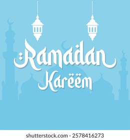 Ramadan Kareem Vector Design with Mosque, Hanging Lamps and Moon | Islamic Festival Art