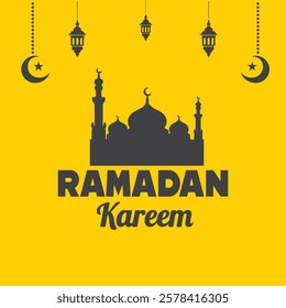 Ramadan Kareem Vector Design with Mosque, Hanging Lamps and Moon | Islamic Festival Art