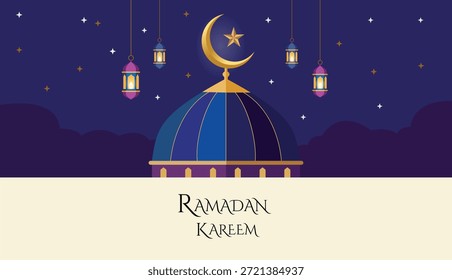 Ramadán kareem diseño de Vector con cúpula de la mezquita, luna creciente, estrella y linternas. Fondo de la celebración islámica con la Ilustración vectorial espiritual elegante de la fiesta.