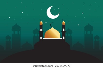 Ramadan Kareem vector design for posters, cards, holiday covers. Modern beautiful design in pastel colors with mosque, moon crescent. and stars.