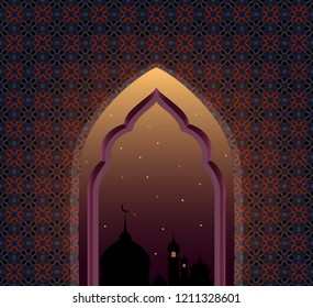 Ramadan Kareem, vector design template. Oriental vector illustration, with arabic abstract seamless pattern. Islamic postcard. Arabic background for your design.