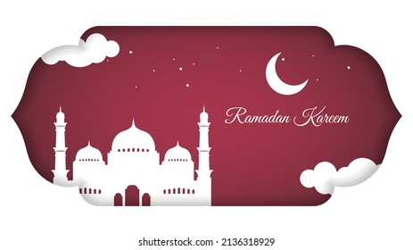 Ramadan kareem vector design with white crescent moon and mosque.