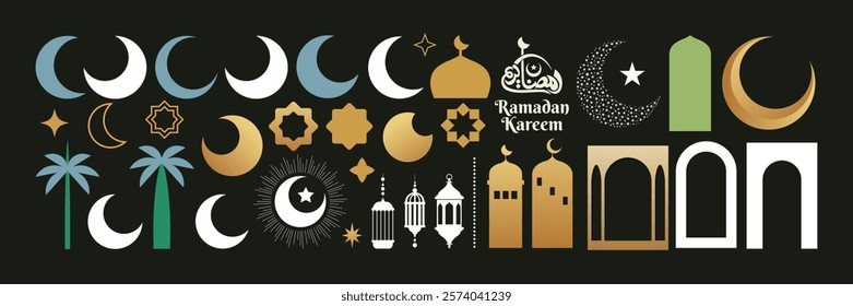 Ramadan Kareem vector elements collection, set of crescent moons, stars, mosque, windows, door, lantern, palm tree, Arabic calligraphy, Ramadan Kareem lettering, abstract shapes in different styles.