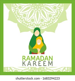 Ramadan Kareem vector flat illustration media template : Woman hugging her daughter