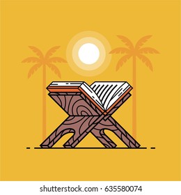 Ramadan Kareem, vector flat illustration, outline icon, yellow background. Arabian desert and Koran