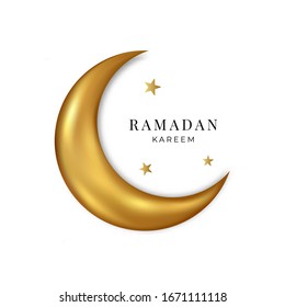  Ramadan Kareem. Vektorillustration Gold 3D-Mond und Sterne einzeln auf weißem Hintergrund.