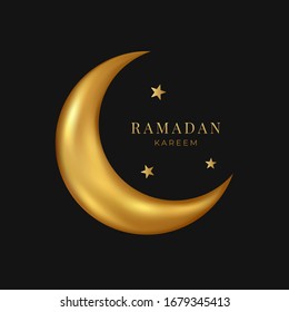  Ramadan Kareem. Vektorillustration Gold 3D-Mond und Sterne einzeln auf schwarzem Hintergrund.