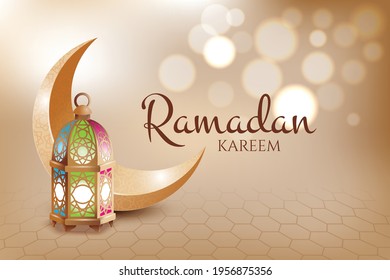 Gráfica vectorial Ramadan Kareem con linterna, luna, fondo abstracto, efecto bokeh y colores dorados.