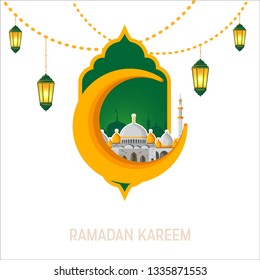 Ramadan Kareem vector greeting card layout with mosque, minarets, arabic shining lamps, and ornamental decor. Islamic background good for advertising, invitation or poster.