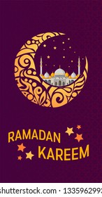 Ramadan Kareem vector greeting card layout with mosque, minarets, arabic shining lamps, and ornamental decor. Islamic background good for stories.