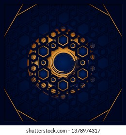 Ramadan Kareem vector greeting card design with gold star and geometric blue arabic pattern