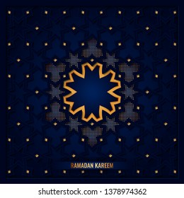 Ramadan Kareem vector greeting card design with gold star and geometric blue arabic pattern