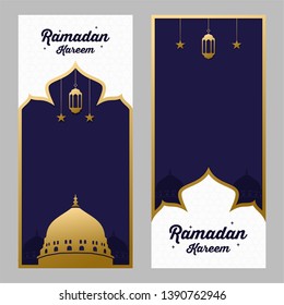 ramadan kareem vector greeting card design with lantern. Madina mosque silhouette