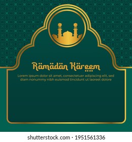 Ramadan kareem vector greeting card, gold mosque with islamic pattern.