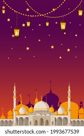 Ramadan Kareem vector greeting card layout with mosque, minarets, arabic shining lamps, and ornamental decor. Islamic background good for stories.