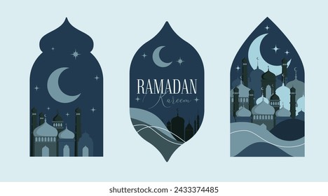 Plantilla de tarjeta de felicitación vectorial de Ramadán Kareem. Banner de medios sociales, afiche con diseño de Ramadán, Luna creciente, Fanoos, Cúpula de la mezquita y Arcos. 