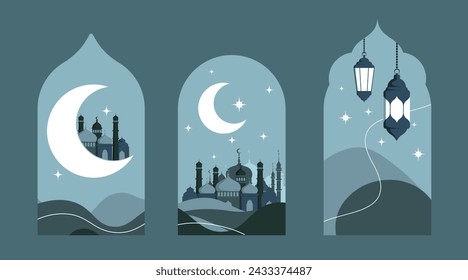 Ramadan Kareem Vector Greeting Card Template. Social Media Banner, Poster Ramadan Layout Crescent Moon, Fanoos, Mosque Dome, and Arches. 