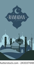 Plantilla de tarjeta de felicitación vectorial de Ramadán Kareem. Banner de medios sociales, afiche con diseño de Ramadán, Luna creciente, Fanoos, Cúpula de la mezquita y Arcos. 