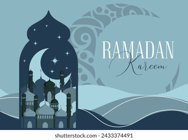 Ramadan Kareem Vector Grußkarte Vorlage. Banner, Poster Ramadan Layout Crescent Moon, Fanoos, Moschee Kuppel und Bögen. 