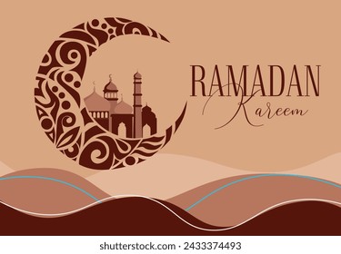 Plantilla de tarjeta de felicitación vectorial de Ramadán Kareem. Banner de medios sociales, afiche con diseño de Ramadán, Luna creciente, Fanoos, Cúpula de la mezquita y Arcos. 