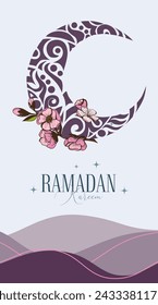 Ramadan Kareem Vector Greeting Card Template. Social Media Banner, Poster Ramadan Layout with Crescent Moon decorated with Floral Design, Sakura flowers