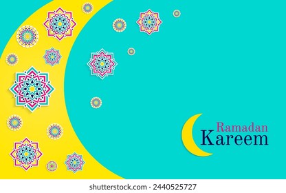 Ramadan Kareem vector greeting card with moon. Islamic invitate design. Arabic holidays background. Round elements, paper cut flowers. Traditional Islam decoration. Elegant invitation background