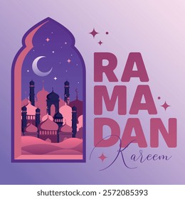 Ramadan Kareem Vector Greeting Card Template. Social Media Banner, Poster Ramadan Layout Crescent Moon, Fanous, Mosque Dome, and Arches. Islamic background good for advertising, invitation or poster.