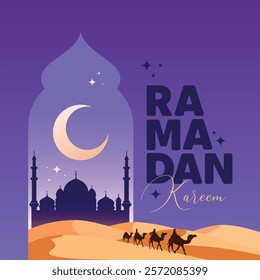 Ramadan Kareem Vector Greeting Card Template. Social Media Banner, Poster Ramadan Layout Crescent Moon, Fanous, Mosque Dome, and Arches. Islamic background good for advertising, invitation or poster.