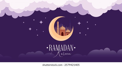 Ramadan Kareem Vector Greeting Card Template. Social Media Banner, Poster Ramadan Layout Crescent Moon, Mosque Dome. Islamic background good for advertising, invitation or poster.