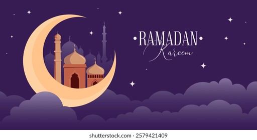 Ramadan Kareem Vector Greeting Card Template. Social Media Banner, Poster Ramadan Layout Crescent Moon, Mosque Dome. Islamic background good for advertising, invitation or poster.