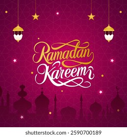 Ramadan Kareem Vector Greeting Card with Islamic Calligraphy and Lanterns







