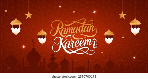 Ramadan Kareem Vector Greeting Card with Islamic Calligraphy and Lanterns







