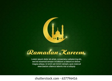 ramadan kareem vector greeting card green background backdrop with gold mosque and crescent moon
