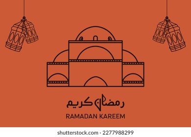 Ramadan Kareem vector greeting post design. Islamic holiday icon concept. Ramadan Kareem Arabic calligraphy design. Modern Style Ramadan Mubarak greeting cards design mosque dome and lanterns.