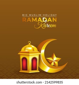 Ramadan kareem vector greetings design with lantern in gold crescent moon and star in dark background. Vector illustration.