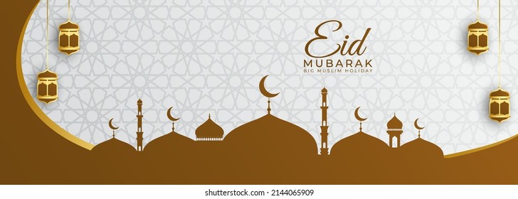 Ramadan kareem vector greetings design with mosque in gold lanterns in pattern background. Vector illustration.