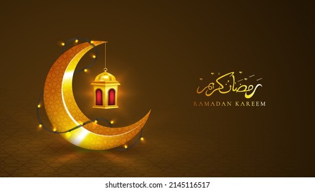 Ramadan kareem vectores diseño de saludos con linterna en luna creciente dorada y lámpara en fondo oscuro. Diseño de ilustración de vector