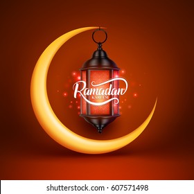 Ramadan Kareem Vector Greetings Design With Lantern Or Fanoos Hanging In Yellow Crescent Moon In Red Background. Vector Illustration.
